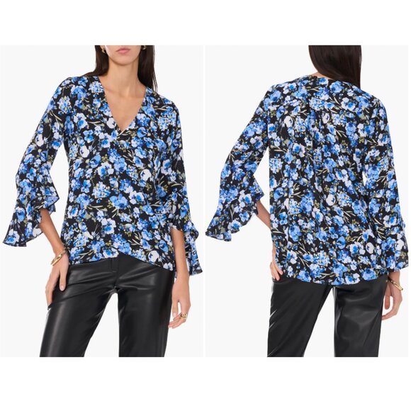 Vince Camuto Tops - NWT New Vince Camuto Blue Floral Flutter Sleeve V-Neck Blouse Size M